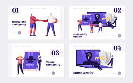Internet Privacy, Information Private Protection Landing Page Template Set. Tiny Characters at Huge Laptop and Tabletのイラスト素材