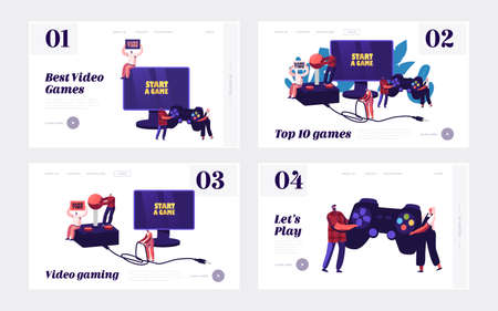 Video Games Recreation Landing Page Template Set. Tiny Characters with Huge Gamepad and Joystick Playing Videogameのイラスト素材