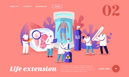 Cryonics Technology Landing Page Template. Tiny Scientists Characters Use Futuristic Equipment for Cryogenic Hibernationのイラスト素材