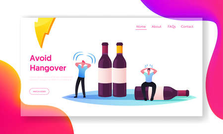 Drunk Men Hangover Syndrome due to Alcohol Addiction Landing Page Template. Tiny Male Characters Sit on Huge Bottlesのイラスト素材