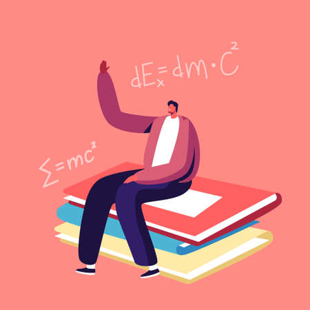 Tiny Student Sitting at Huge Textbooks Pile in Classroom Raising Hand for Answer Lesson. School Boy Studying in Classのイラスト素材