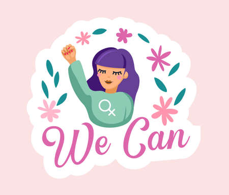 Young Girl with Hand Up Icon, Design Element. International and Interracial Female Power Symbol, Feminism and Feminineのイラスト素材