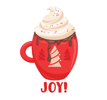 Winter Drink in Red Cup with Fir Trees Design. Hot Beverage with Whipped Cream, Cartoon Mug with Cocoa, Dripping Chocoのイラスト素材
