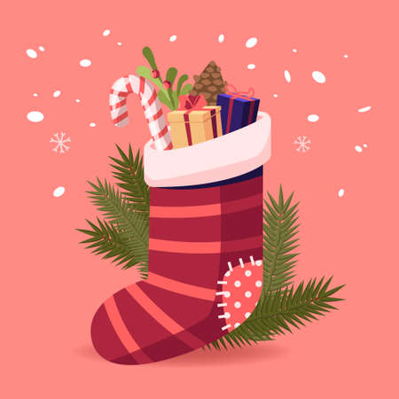Christmas Sock with Gifts and Sweets. Present from Santa Claus, Xmas Decor for Fire Place or Fir Tree. Winter Holidaysのイラスト素材