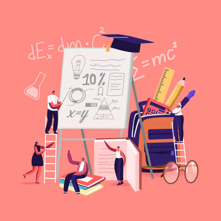 School Presentation Concept. Tiny Students Male and Female Characters Presenting Course Work or Diploma Projectのイラスト素材