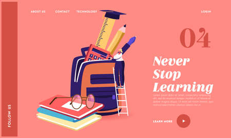 Studying, Learning, Education in College, University Landing Page Template. Tiny Female Character Put Educational Toolsのイラスト素材