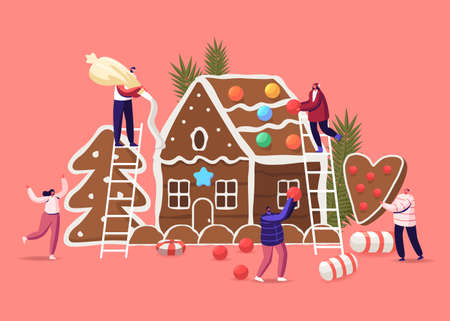 Festive Activity Preparation for Xmas Holidays Celebration. Tiny Characters Decorate Huge Christmas Gingerbread Houseのイラスト素材