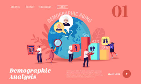 Demographic Aging Statistics Data Landing Page Template. Young, Adult and Old Human Ages in World and Countriesのイラスト素材