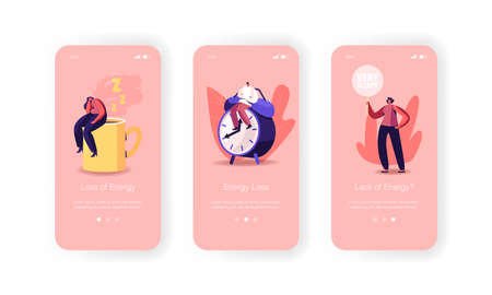 Fatigue, Energy Loss and Working Burnout Mobile App Page Onboard Screen Template. Tiny Exhausted Sleepy Charactersのイラスト素材