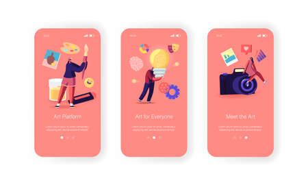 Art School Mobile App Page Onboard Screen Template. Tiny Characters with Equipment for Creative Idea and Self-expressionのイラスト素材