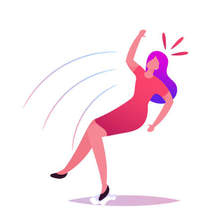 Clumsiness, Danger Accident, Slip and Stumble. Girl Slipping and Fall on Wet Floor. Woman Falling in Ridiculous Postureのイラスト素材
