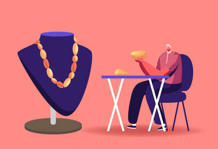 Jeweler Male Character Working in Workshop Making Beautiful Jewelry of Amber. Goldsmith Workplace with Huge Mannequinのイラスト素材