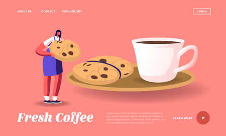 Morning Refreshment Landing Page Template. Tiny Female Character Eating Huge Cookie with Chocolate Sprinkles with Coffeeのイラスト素材
