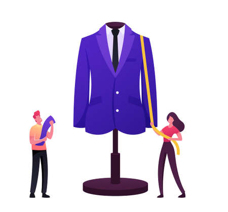 Apparel or Fashion Designer Characters Projecting Garment on Huge Mannequin. Tiny Tailor Masters Sewing Clothesのイラスト素材