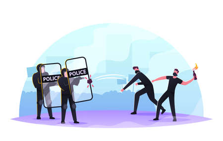 Violence Riots, Protesting, Strike. Male Characters in Masks and Black Clothes Fighting with Police...