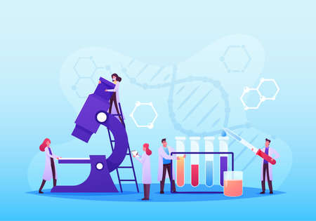 Medic Characters Conduct Medical Analysis with Equipment Microscope and Glass Flasks. Chemistry, Scientists in Labのイラスト素材