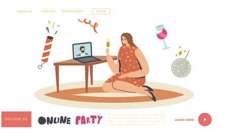 Online Party Landing Page Template. Young Female Character Holding Glass with Champagne Celebrate Holiday via Internetのイラスト素材