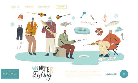 Characters Winter Fishing Landing Page Template. Fishermen Sit on Ice with Rod Having Good Catch. People Catching Fishのイラスト素材