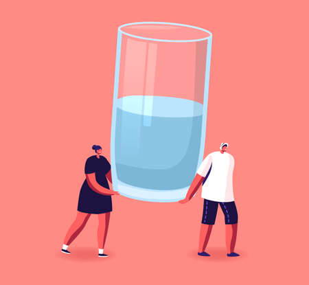 Tiny Male and Female Characters Carry Huge Glass with Fresh Water. Healthy Lifestyle, Pure Aqua Refreshment, Weight Lossのイラスト素材