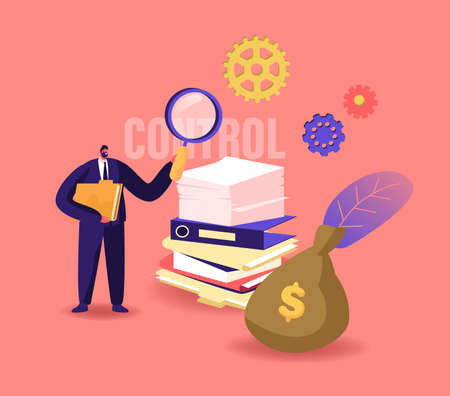 Business Maturity Concept. Tiny Businessman Male Character Holding Huge Magnifying Glass Holding Document Folder in Handのイラスト素材