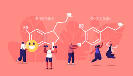 Dopamine, Serotonin Concept. People Enjoying Life near Huge Formula. Hormones Production in Organism. Characters Jumpingのイラスト素材