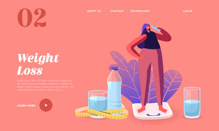 Healthy Lifestyle, Dieting Landing Page Template. Athletic Sportswoman Character on Diet Stand on Scales Drink Waterのイラスト素材