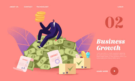 Business Growth, Wealth and Prosperity Landing Page Template. Rich Man Sitting on Pile Dollars. Successful Millionaireのイラスト素材