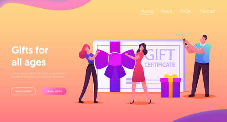 Gift Certificate, Consumerism Price Off Promo Landing Page Template. People Shopping Recreation. Customer Using Bonusのイラスト素材
