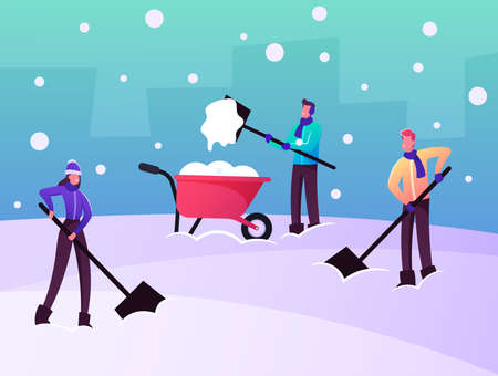 Snow and Ice Removal after Blizzard Concept. Cheerful Characters Remove Snowdrifts with Shovels from Ground Clean Snowのイラスト素材