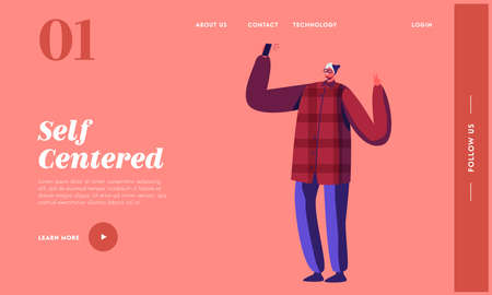 Teenager Male Character Make Selfie on Smartphone Landing Page Template. Young Hipster Man Posing on Mobile Phoneのイラスト素材