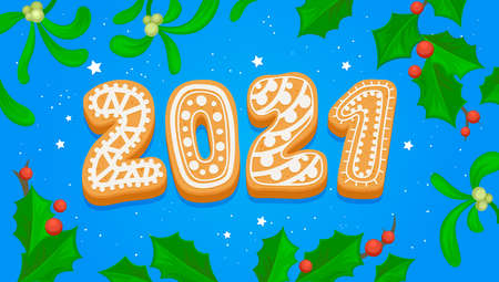 2021 Happy New Year Greeting Card with Gingerbread Cookie Typography on Blue background with Holly Berries and Leavesのイラスト素材