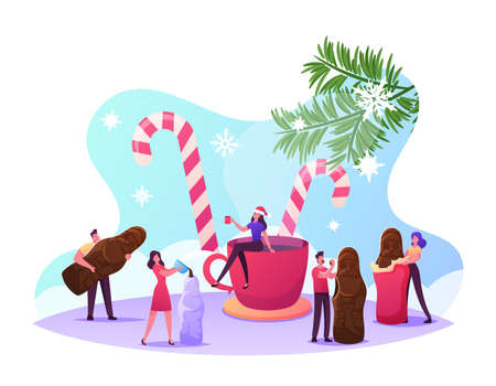 Tiny Male or Female Characters around Huge Cup and Candy Canes Create and Eating Chocolate Santa Sweet Christmas Dessertのイラスト素材