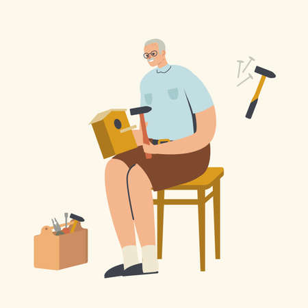 Senior Character Making Birdhouse. Grandfather Sitting on Stool Make House for Birds of Wood Using Carpentry Instrumentsのイラスト素材