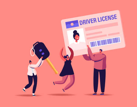 Driver License Concept. Male Female Characters Studying in School Learning Drive Car, Passing Exams and Get Permissionのイラスト素材