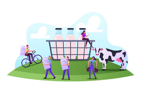 Farming Rancher Characters Working on Animal Farm Milking Cow and Delivering Dairy Production on Bicycle to Customersのイラスト素材