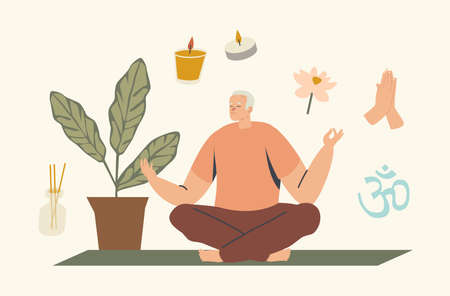 Senior Man Meditating Doing Yoga Asana in Lotus Pose. Healthy Lifestyle, Relaxation Emotional Balance, Elderly Wellnessのイラスト素材