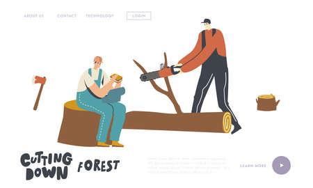 Loggers Cutting Trees Landing Page Template. Character Sawing Logs in Forest. Wood Worker with Saw Working Deforestationのイラスト素材
