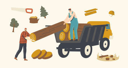 Woodcutter Male Characters Loading Wooden Logs in Truck. Deforestation, Forest Trees Cutting and Transportation, Loggingのイラスト素材