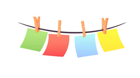 Set of Multicolored Pieces of Paper Hanging on Rope Pinned with Clothespins, Stationery Isolated on...