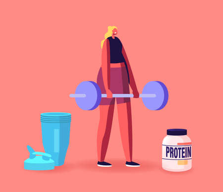 Sportswoman Character in Gym Pumping Muscles with Barbell and Protein Cocktail in Shaker. Sportive Nutrition, Activityのイラスト素材