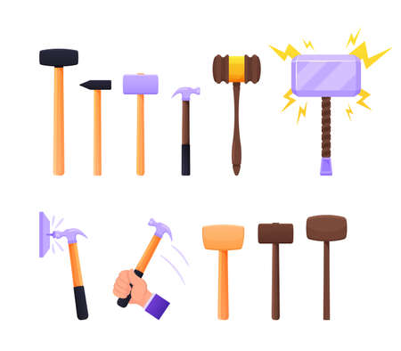 Set of Instruments Sledge Hammer, Wooden and Metal Mallet. Working Tools of Carpenter, Builder Handles Steel Baseのイラスト素材