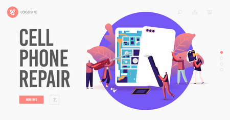 Tiny Male and Female Characters with Instruments Assembling or Repair Huge Smartphones Landing Page Templateのイラスト素材