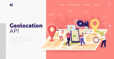 Navigation Positioning Landing Page Template. Tiny Characters at Huge Location Map, People Use Online App on Smartphoneのイラスト素材