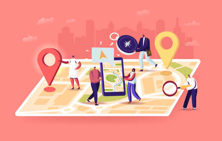Tiny Characters at Huge Location Map, People Use Online Application on Smartphone with Geolocation App Pin. Search Routeのイラスト素材