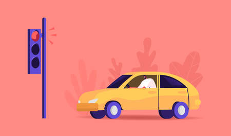 City Traffic, Man Driving Car Stand on Traffic Light. Urban Transport on Speedway, Male Character Dweller Riding Sedanのイラスト素材