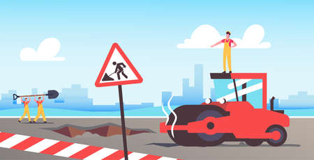 Builder Driving Asphalt Paving Roller Machine at Road Repair and Construction Site. Highway Renewal with Machineryのイラスト素材