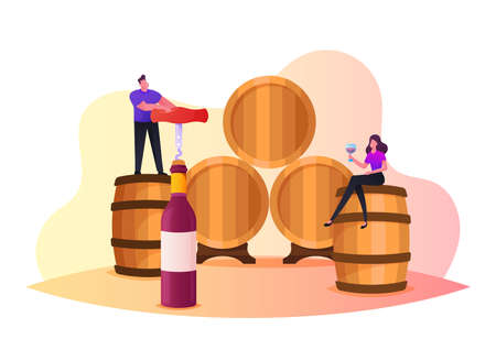 Characters Drinking Wine in Vault. Tiny Man Open Huge Bottle with Corkscrew, Woman with Wineglass Degustation, Tastingのイラスト素材
