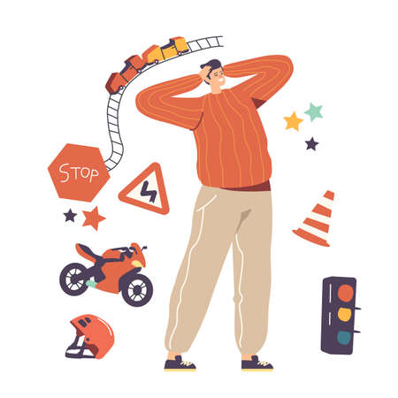 Excited Male Character Engage Adrenaline Recreation and Extreme Sports Activity Concept. Speed Racing on Motorbikeのイラスト素材