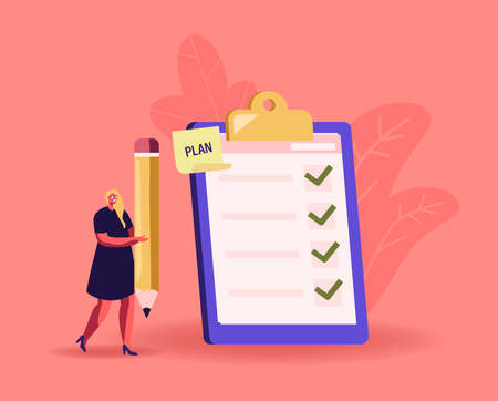 Tiny Businesswoman with Huge Pencil at Checklist with Marks in Check Boxes on Clipboard. Business Woman Planningのイラスト素材