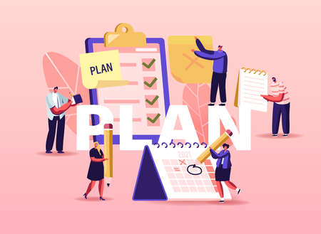Plan Concept. Business Characters at Huge Clipboard with Check List Filling Marks Searching Solution, Scheduling Posterのイラスト素材